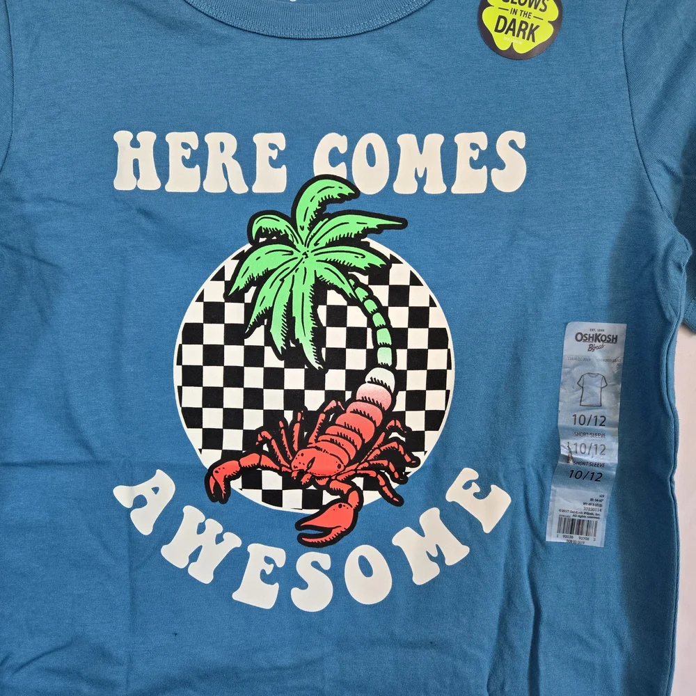 OshKosh Boys Teal Here Comes Awesome Glow In the Dark‎ Graphic Tee 10/12 NEW